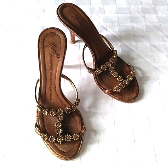 RARE Giuseppe Zanotti Topaz Jeweled Metallic Leather Kitten Heel Sandals VINTAGE - Picture 2 of 16